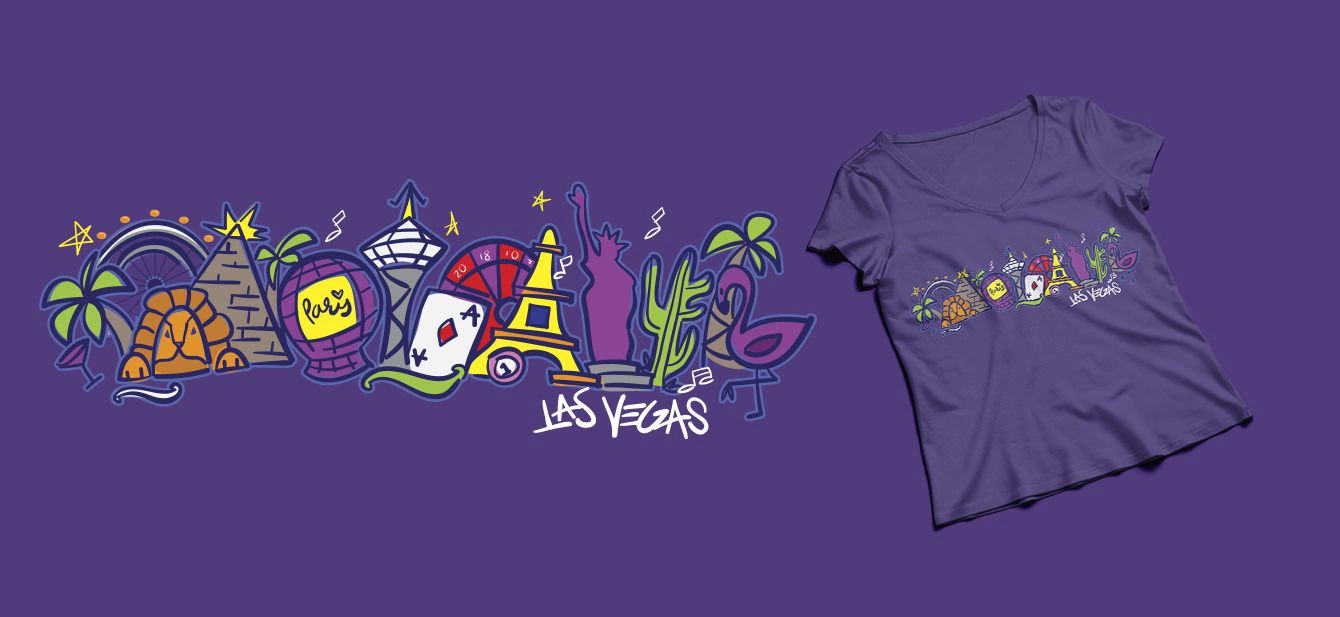 Recuerdos de Viaje - Ilustración de Las Vegas con Camiseta Morada Mockup
