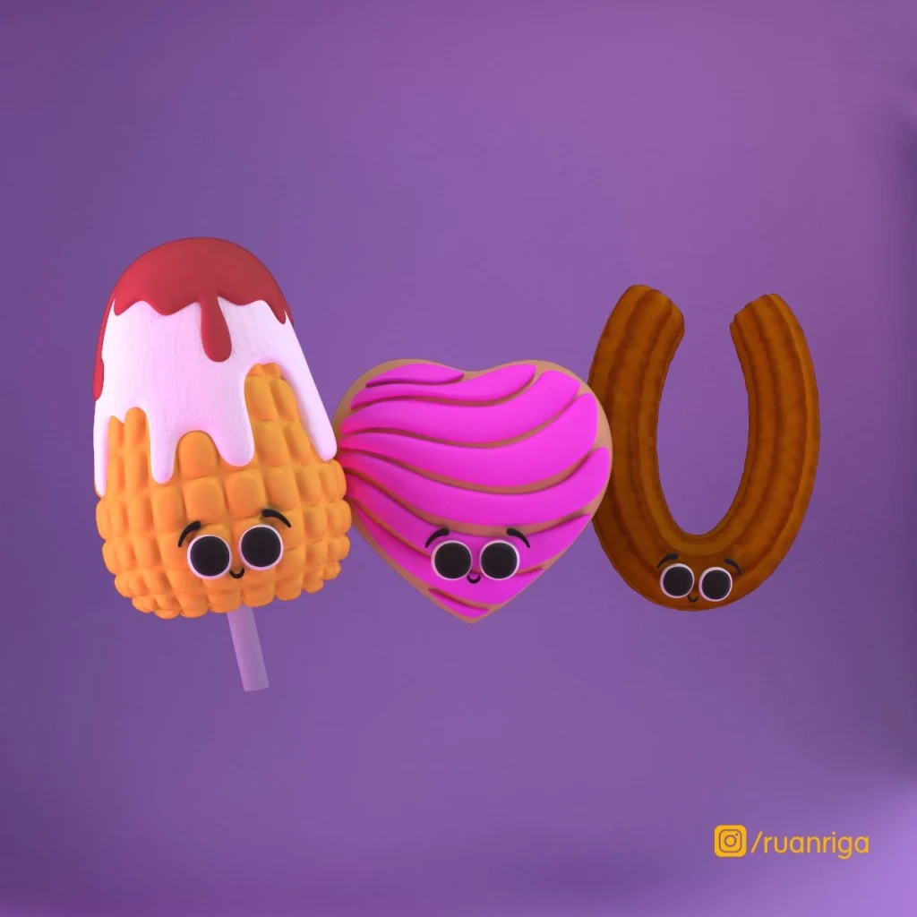 Diseño Cute en 3D - Elote, Concha y Churro Formando la Palabra 'IloveU' en Blender3D