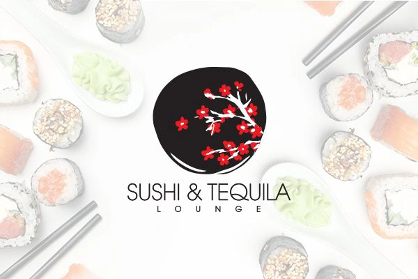 Identidad Corporativa - Logotipo Sushi y Tequila con Flores de Cerezo en Círculo