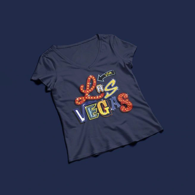 Souvenir - Mockup de Camiseta con Ilustración de Señales Luminosas 'Las Vegas' en Color Marino