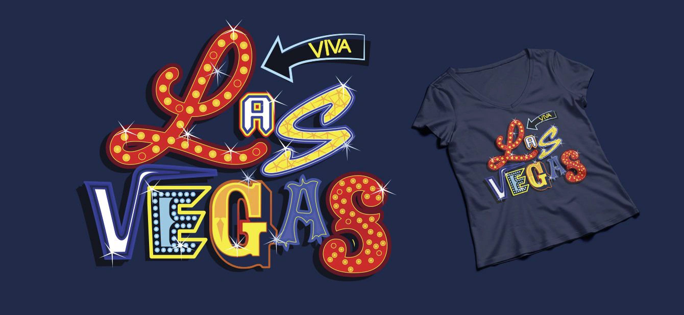 Recuerdos de Ciudades - Ilustración de Camiseta 'Viva Las Vegas' a un costado un mockup de una playera color marino