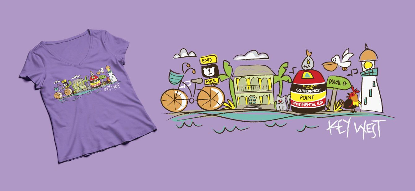 Recuerdos de Viaje - Ilustración de Key West en Playera Lavanda con Mockup de playera estampada color lavanda